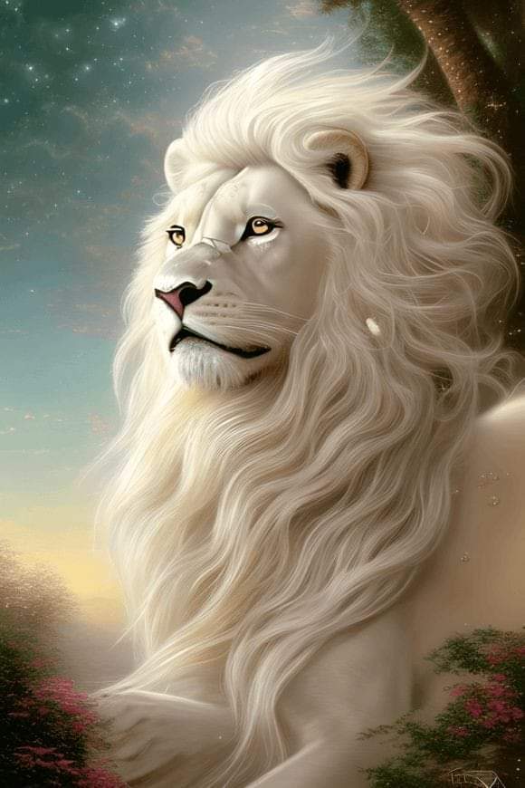 A painting of a white lion with long hair.