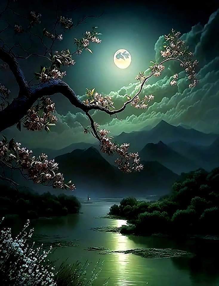 A painting of the moon and trees in front of mountains.