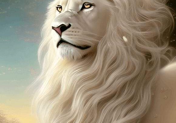 A painting of a white lion with long hair.